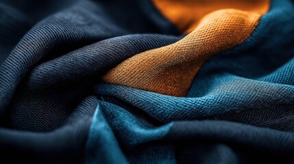 Fototapeta premium Close-up of fabric with folds in shades of dark blue, teal, and orange