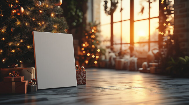 Cozy indoor Christmas scene with easel and chair near festive window