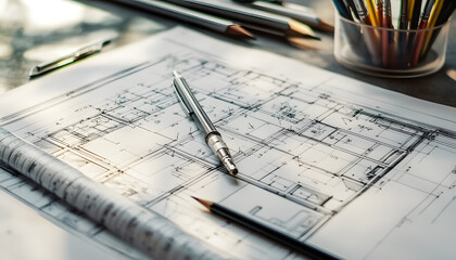 Concept architecture avec des plan d'architecte et des crayons et des outils de dessinateurs