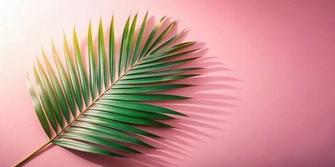 Fototapeta premium A single palm frond with long, slender leaves casts a delicate shadow on a soft pink background.