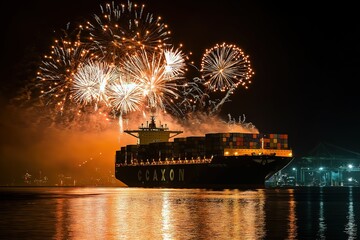 Magnificent Fireworks Display Over Massive Cargo Ship