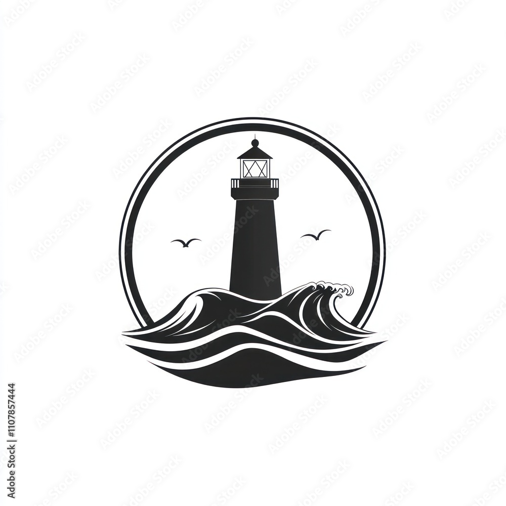 Poster here's a description and keywords for your image.. monochrome lighthouse icon in a circular frame, s