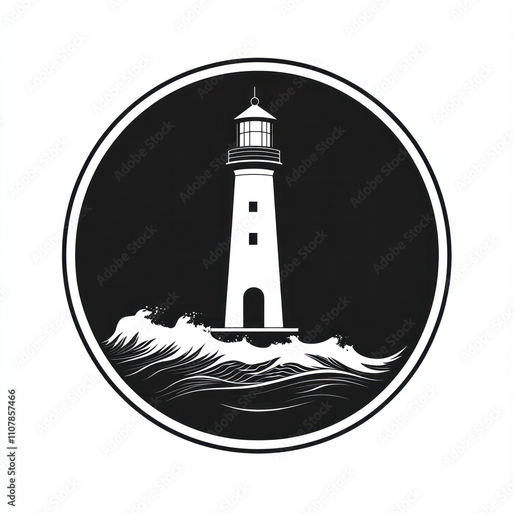 Poster here's a and keyword list for your image.. monochrome lighthouse icon in stormy sea.