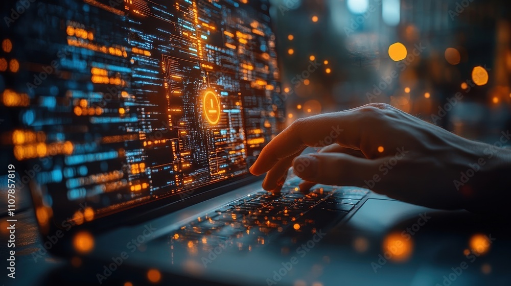 Poster cybersecurity alert concept person using laptop with multiple warning symbols displayed indicating c