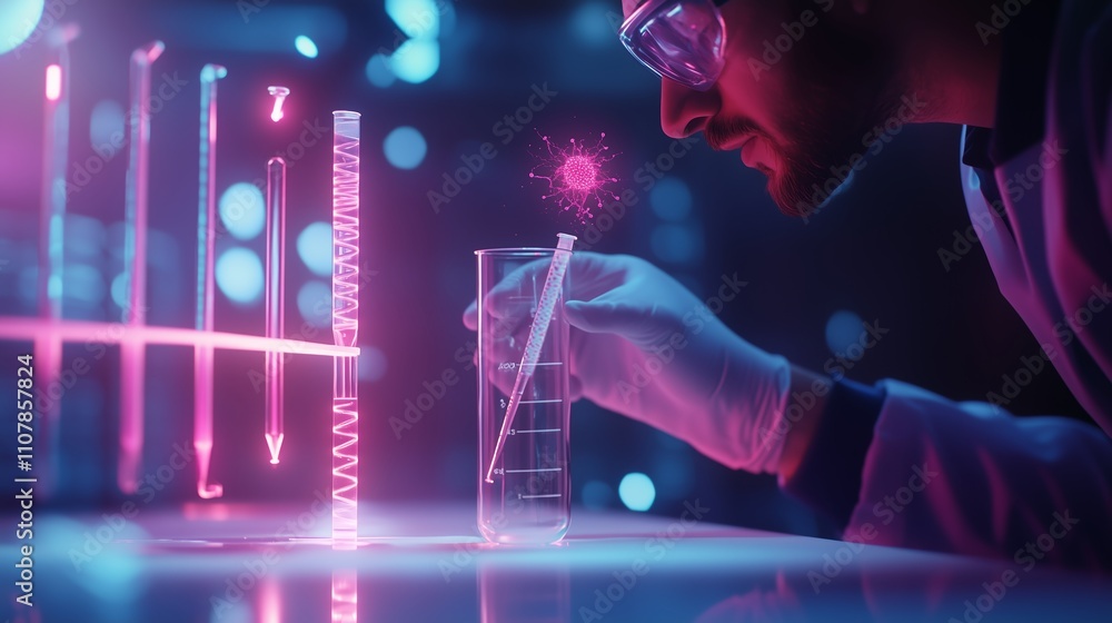 Poster scientist conducting an experiment with glowing elements in a high-tech laboratory during nighttime
