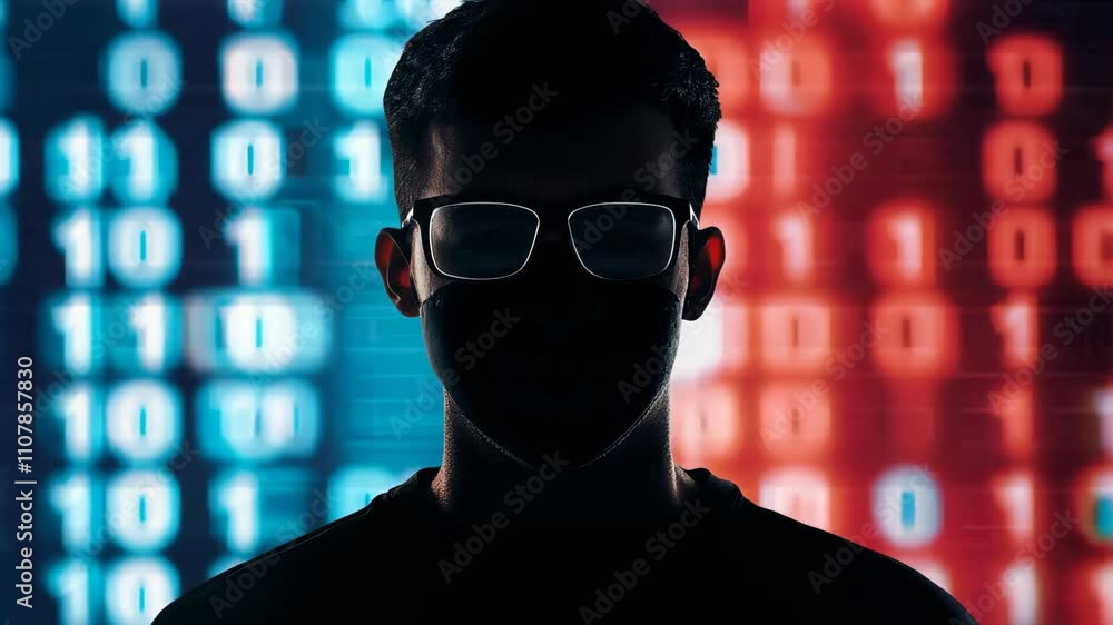 Poster cybersecurity hacker themed, silhouette of person wearing glasses in digital binary technology backd