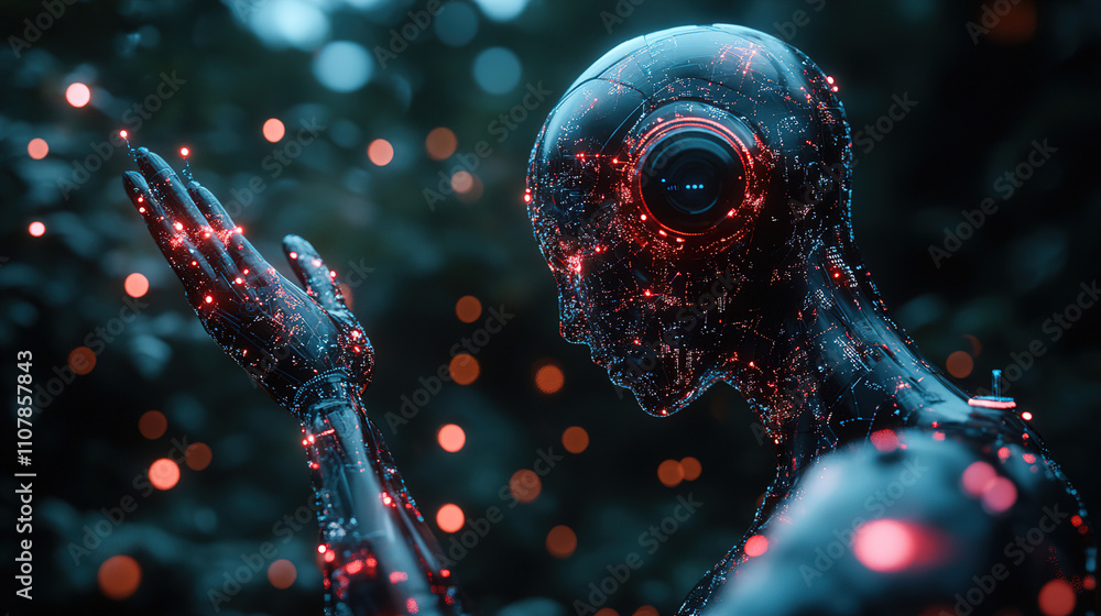 Aufkleber futuristic humanoid figure with glowing circuits interacting in a digital forest at twilight. genera