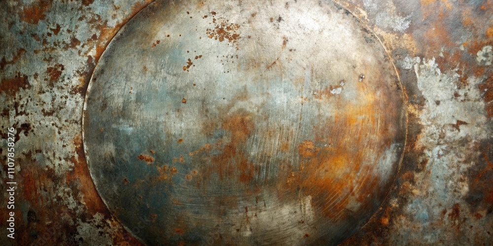 Poster a textured metal surface with a circular, weathered section showcasing the effects of time and oxida