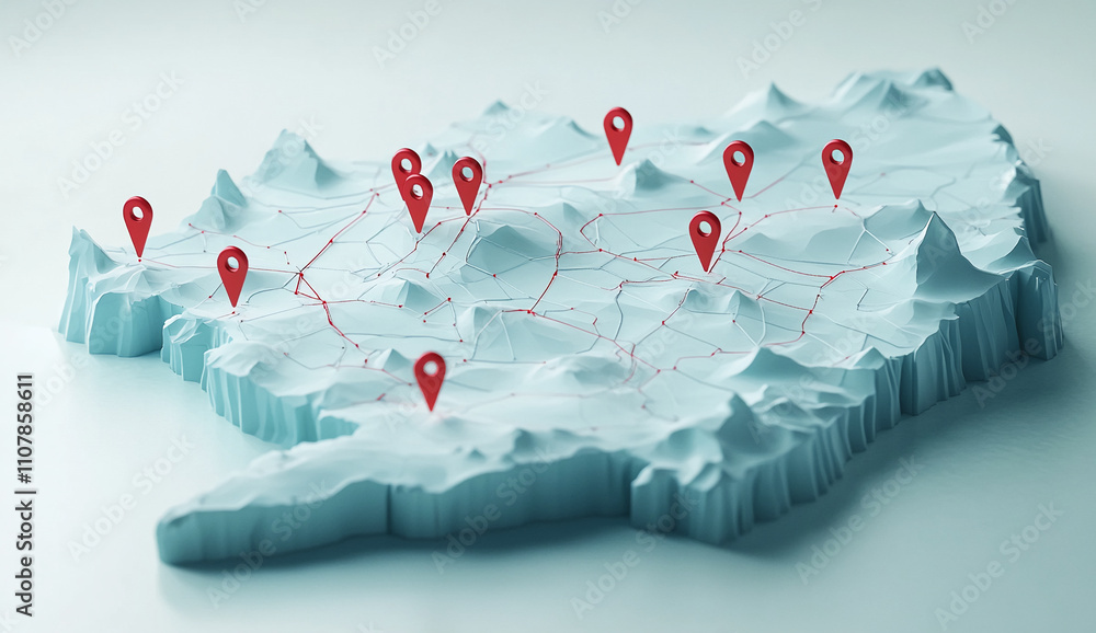 Poster 3D map of a mountainous region with multiple location markers indicating points of interest