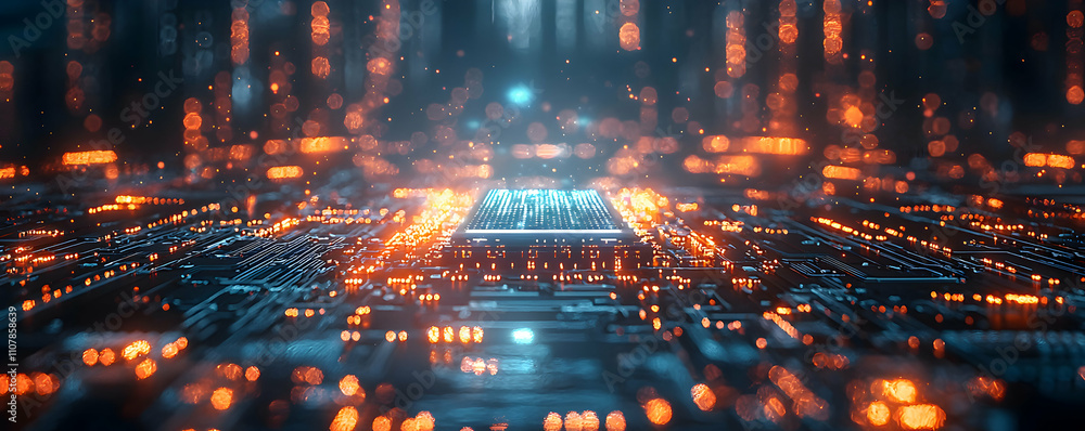 Poster illuminated circuit board with glowing data streams