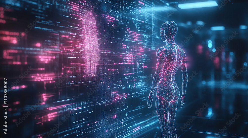 Aufkleber futuristic digital human interacting with holographic display in a high-tech environment. generative