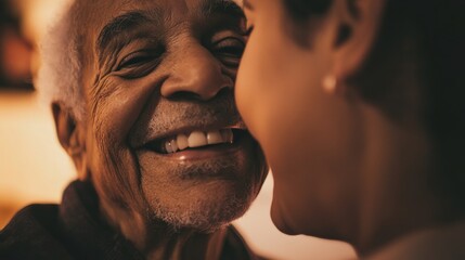 Close-up of a senior patient smiling with a caregiver in a home healthcare setting, macro shot, Heartwarming style