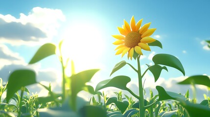 Fototapeta premium a 2D cartoon illustration of a sunflower facing the sun, tall and bright, white background--ar 16:9
