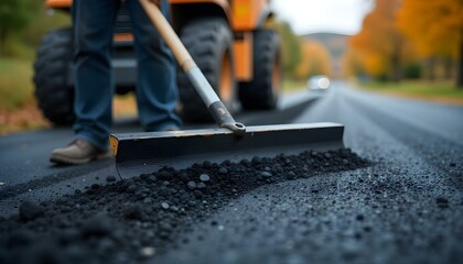 Road worker using a steel rake to flatten out fresh asphalt on a road
