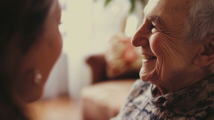 Close-up of a senior patient smiling with a caregiver in a home healthcare setting, macro shot, Heartwarming style