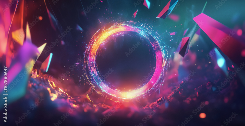 Poster Vibrant abstract composition featuring a glowing circle and colorful shards in a cosmic setting