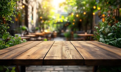 Fototapeta premium A weathered wooden table with a blurred background of an outdoor coffee shop setting