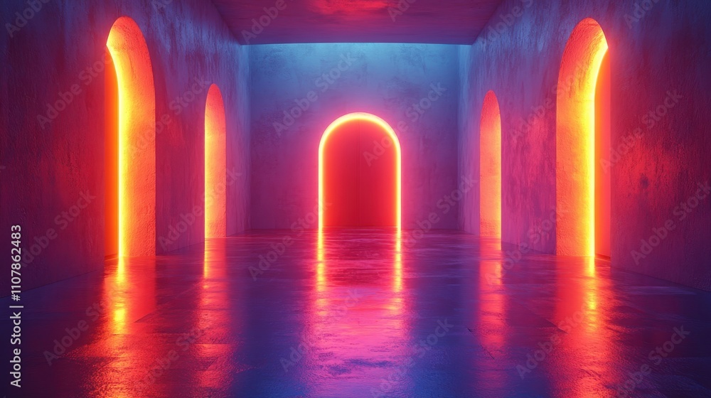 Poster digital space with geometric door 3d rendering