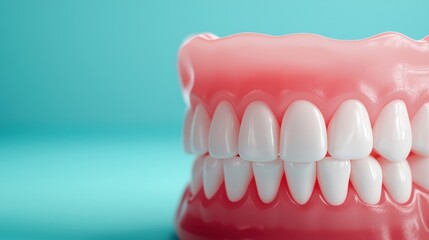 Obraz premium A close-up of a set of dental dentures on a bright blue background.