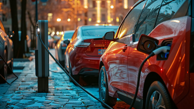 Modern electric cars (new energy vehicles, NEVs) charging at a street station