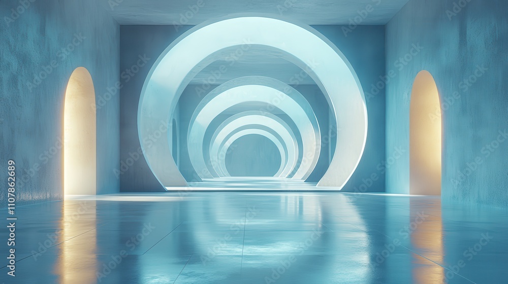Poster digital space with round geometric door 3d rendering