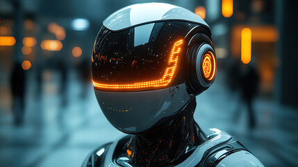 Fototapeta premium Futuristic robot with glowing facial features stands in a busy urban environment at night. Generative AI