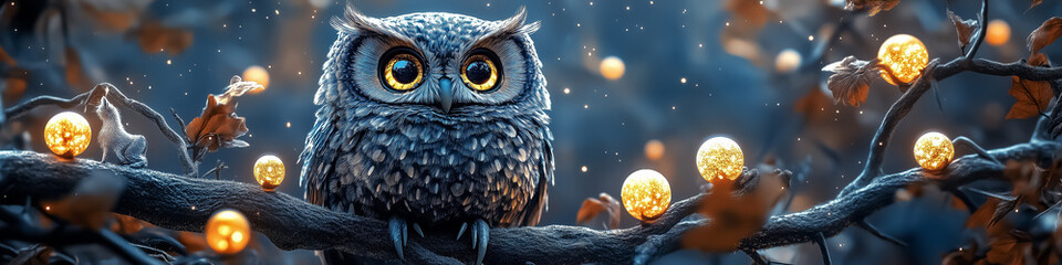 Enchanting owl perched on a branch amidst glowing orbs, perfect for wall art, posters, and decoration to evoke a magical, serene ambiance, suitable for nature lovers and fantasy enthusiasts.