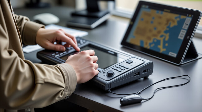Operator Using Navigation Control Panel with Digital Map Display on Tablet. Maritime Technology, Ship Control and Navigation Concept.