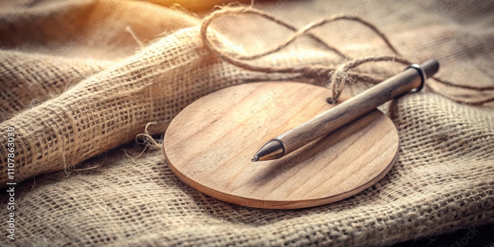Poster a wooden pen rests on a circular wooden coaster, both placed on a textured burlap surface. the pen i
