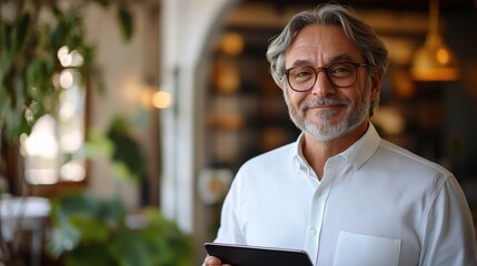 A smiling older man holding a tablet in a cozy, well-lit indoor setting.