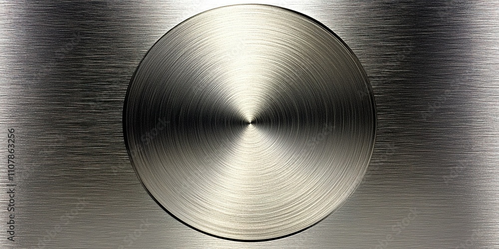 Poster shiny metallic surface with a centered circle reflecting light and texture details