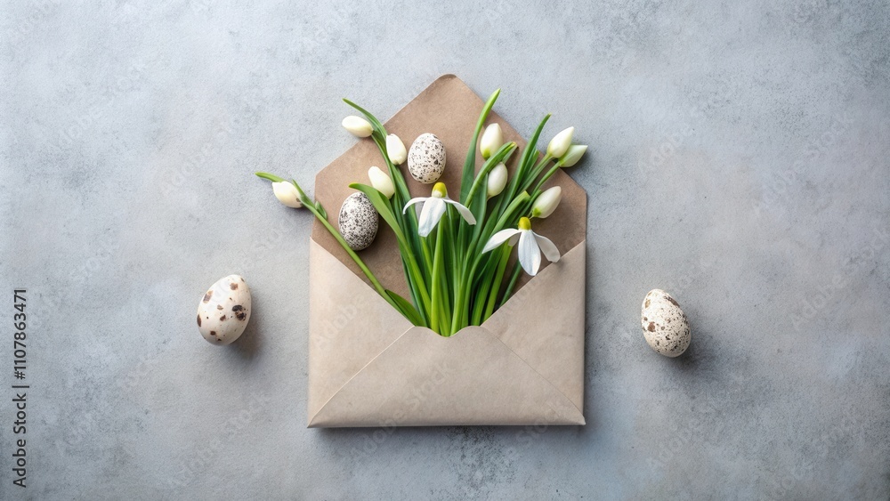 Poster an envelope filled with delicate white snowdrop flowers and speckled eggs, a symbol of spring's arri