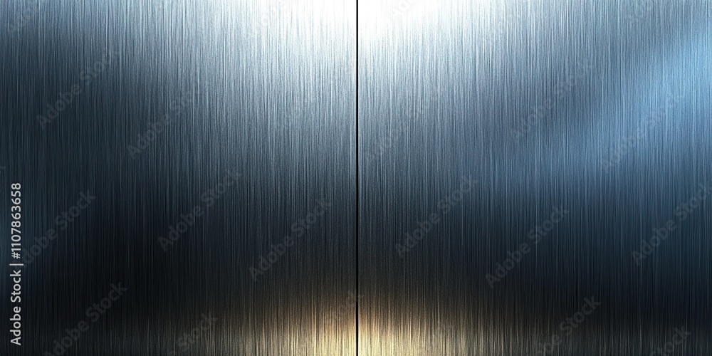 Poster reflection and texture of brushed metal surface in soft lighting creating a modern aesthetic