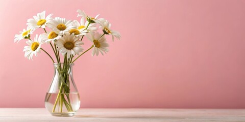Fototapeta premium A bouquet of delicate white daisies with bright yellow centers arranged in a clear glass vase on a wooden surface against a light pink wall.