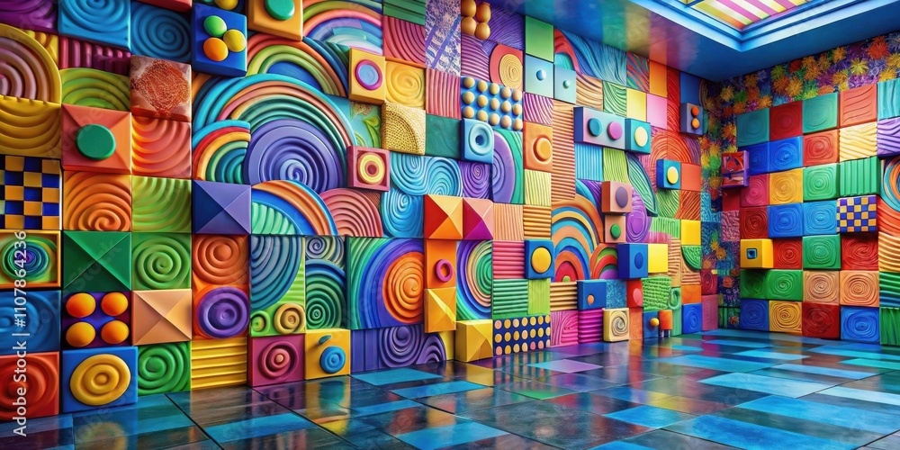 Poster a vibrant and playful room with a colorful, geometric wall made of textured squares and circles, ref