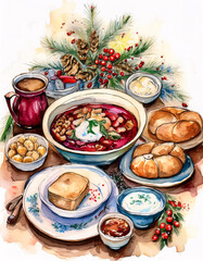 A festive table setting with a variety of traditional dishes, including a large bowl of soup, bread, and various side dishes, all decorated with festive elements
