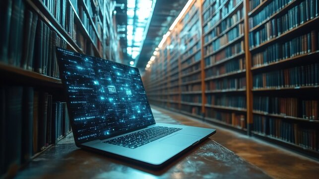 e library concept person use laptop with virtual e book icons for electronic books online knowledge base on internet digital library or e librar