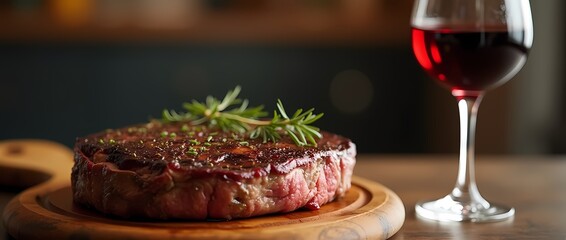 Ribeye steak on a wooden board, a glass of red wine on a long thin stem