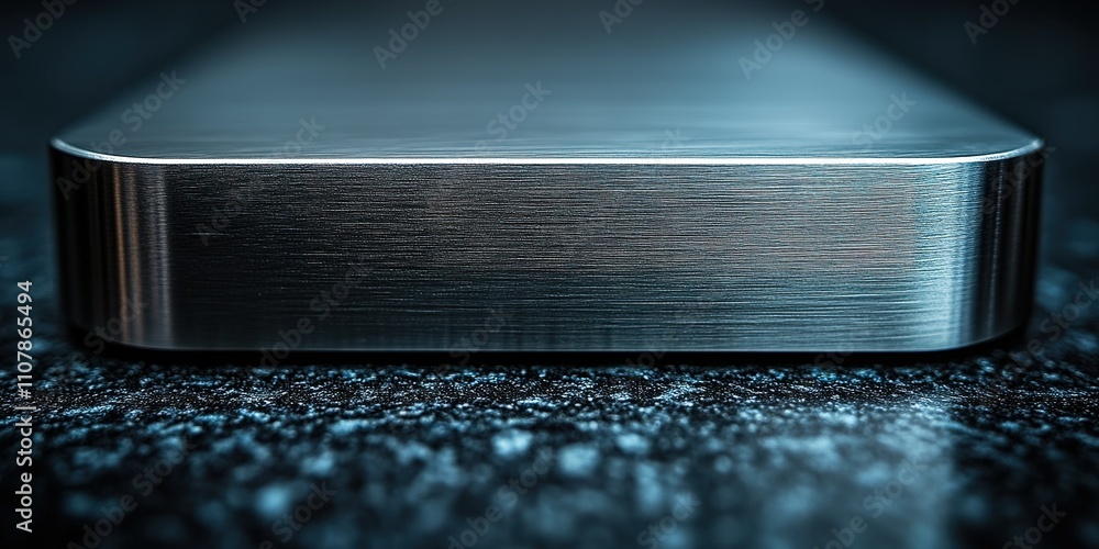 Poster close-up view of a sleek metallic surface showcasing texture and design in a dark environment