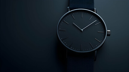 Minimalist black wristwatch with leather strap on dark background.