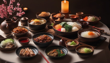 Korean New Year Table with Traditional Dishes