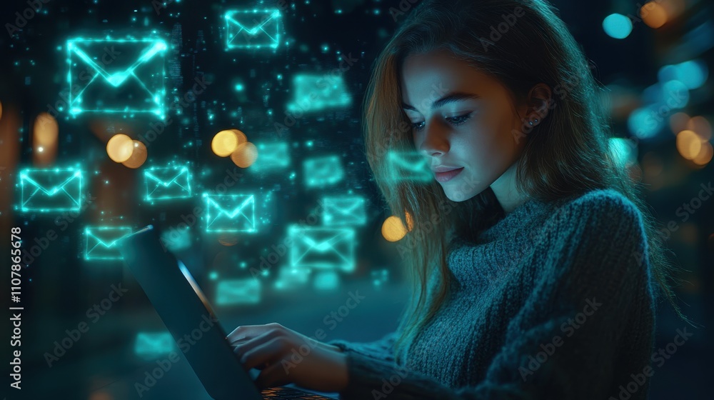 Poster email spam concept person use laptop with virtual screen of spam email notification warning notifica