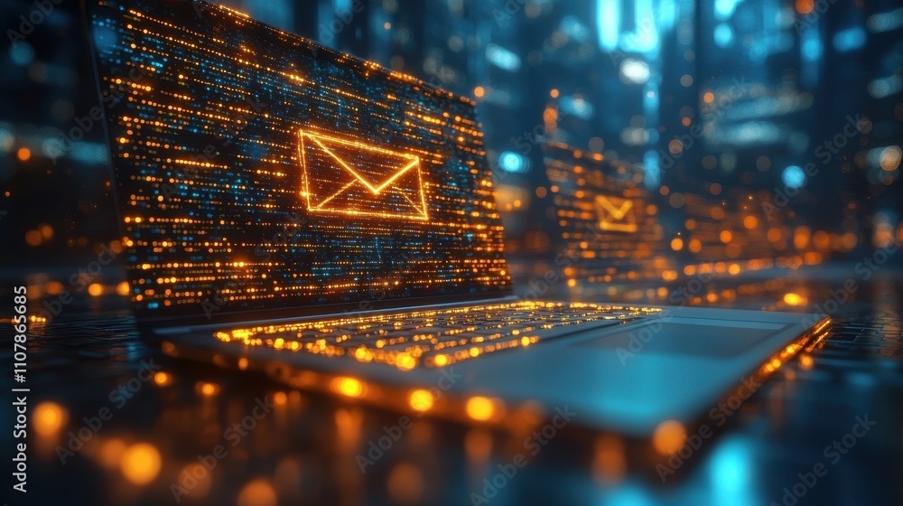 Poster email spam concept person use laptop with virtual screen of spam email notification warning notifica