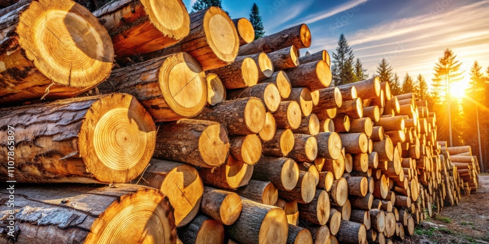 Poster Stacked Tree Trunks Bathed in Warm Sunlight, Creating a Rustic and Textured Tapestry of Nature
