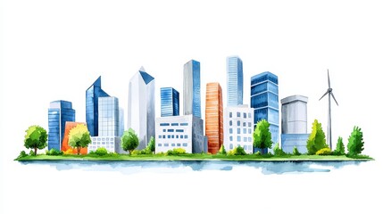 Fototapeta premium This watercolor symbolises harmony between nature and renewable energy through trees and buildings.
