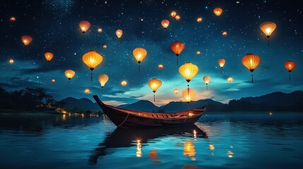 Obraz premium Enchanted Night: Serene Lake with Floating Lanterns and Starry Sky