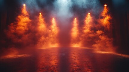 Fototapeta premium empty and mist filled dark stage backdrop with fog and warm brown spotlights showcasing artistic works and product