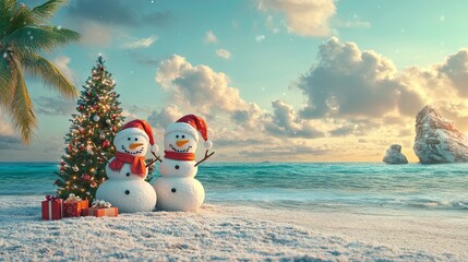 Fototapeta premium Snowman and Christmas tree on a tropical beach