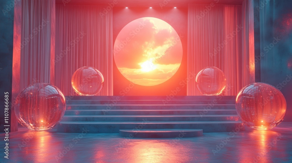 Poster empty stage with glass balls background 3d rendering