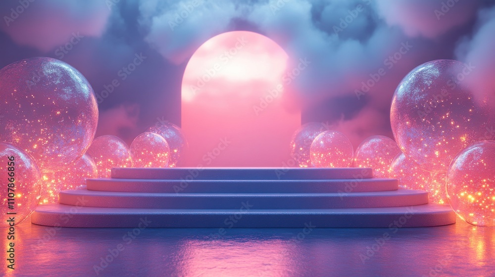 Poster empty stage with glass balls background 3d rendering